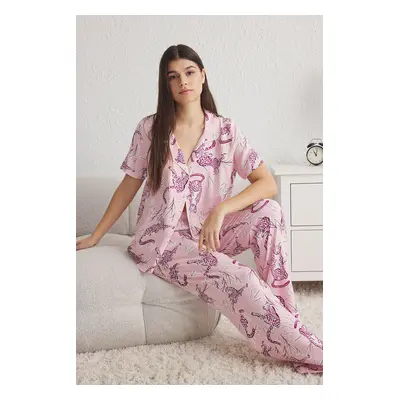 Trendyol Pink Animal Piping Shally Woven Pajama Set