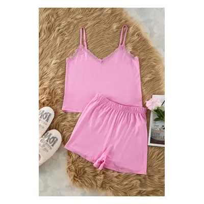 Trendyol Pink Lace Rope Strap Viscose Knitted Pajama Set