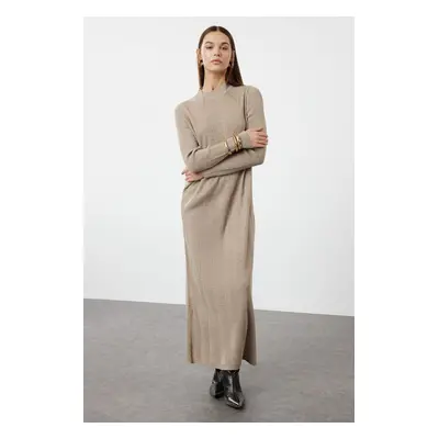 Trendyol Mink Self-Patterned Half Turtleneck Knitwear Zigzag Textured Dress