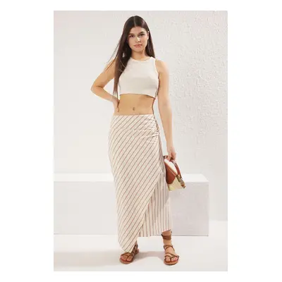 Trendyol Beige Linen Look Fabric Striped Gathered Detail Midi Length Woven Skirt