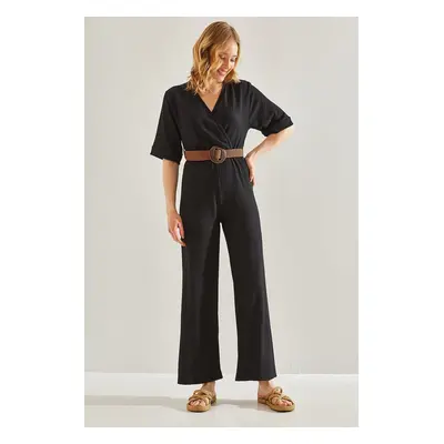 Bianco Lucci Women's Double Breasted Collar Belted Jumpsuit