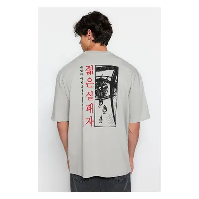 Trendyol Grey Oversize/Wide Cut 100% Anime Printed T-Shirt