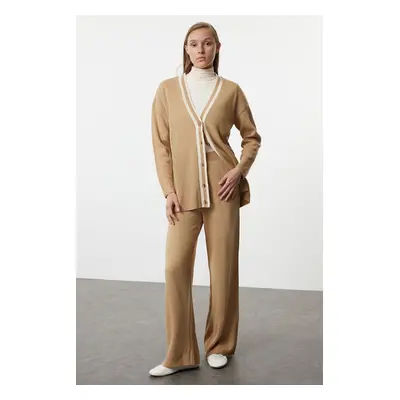 Trendyol Camel Color Block Knitted Cardigan Trousers Top-Bottom Set