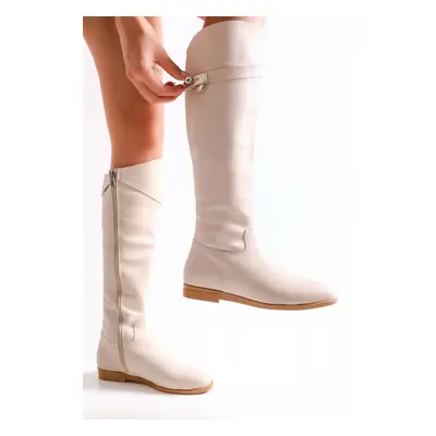 Shoeberry Women's Meroni Beige Skin-Cut Boots with Beige Skin.