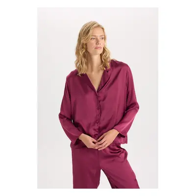 DEFACTO Fall In Love Pajama Set Basic Plain Satin Long Sleeve Top Elastic Waist Bottom