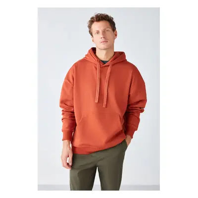 GRIMELANGE Steve Men's Soft Fabric Corded Oversize Hooded Kangaroo Pocket Brick Color Sweatshirt