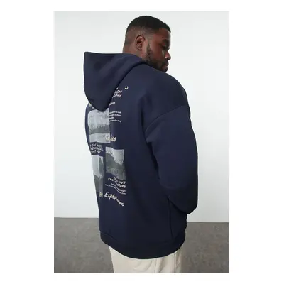 Trendyol Navy Blue Oversize/Wide Cut Hooded Back Text Printed Plus Size Sweatshirt