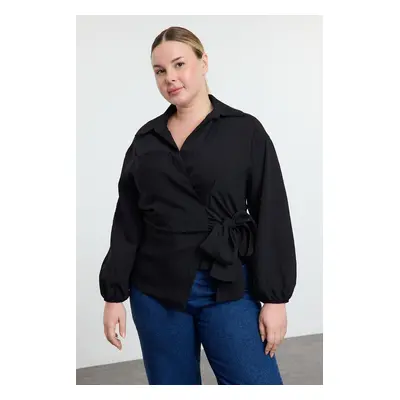 Trendyol Curve Black Textured Double Breasted Tied Shirt Collar Woven Plus Size Blouse