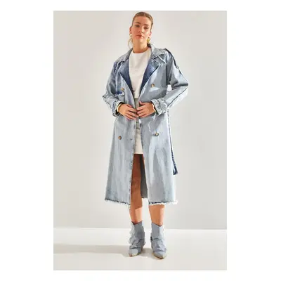 Bianco Lucci Women's Epaulette Belted Denim Trench Coat