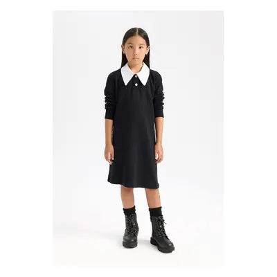 DEFACTO Girl Shirt Collar Basic Plain Long Sleeve Black Dress