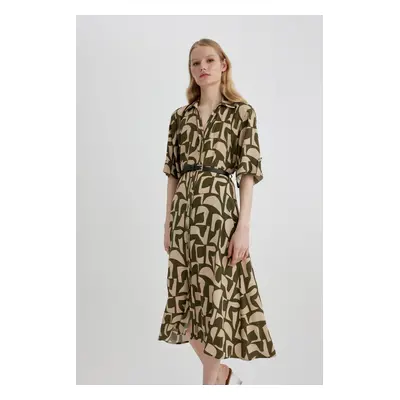 DEFACTO Shirt Collar Patterned Moroccan Half Sleeve Midi Dress