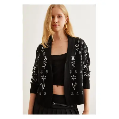 Olalook Women's Black Floral Patterned Shawl Collar Knitwear Cardigan