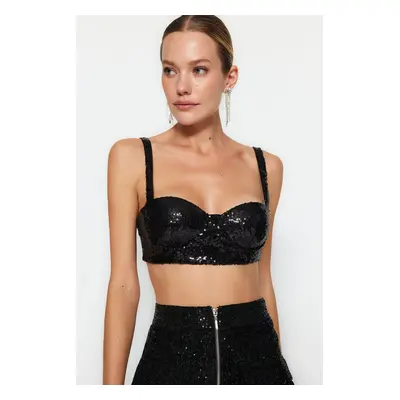 Trendyol černý crop top s flitry