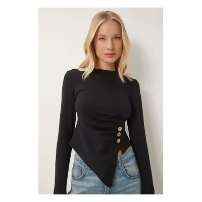 Happiness İstanbul Women's Black Buttoned Gathered Asymmetrical Cutout Knitted Blouse