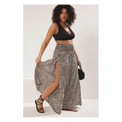 Trendyol Curve Black Multicolored Waist Gipel Wide Leg Beach Wear Plus Size Trousers