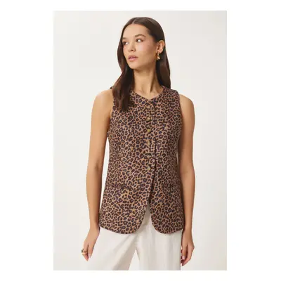 Happiness İstanbul Women's Camel Black Leopard Print Nubuck Vest