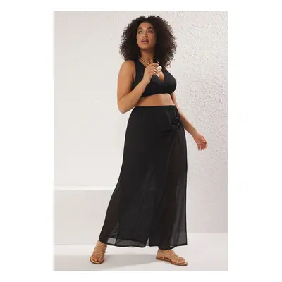 Trendyol Curve Black Accessory Detail Transparent Beachwear Plus Size Trousers