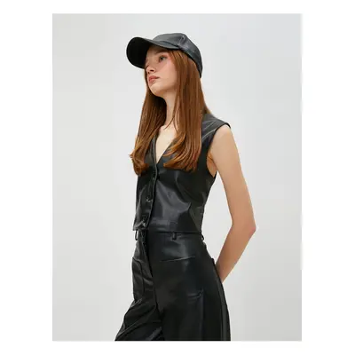 Koton Leather Look Vest V-Neck Buttoned