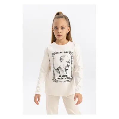 DEFACTO Girls' Atatürk Printed Crew Neck Combed Cotton Long Sleeve T-Shirt