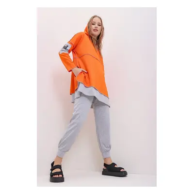 Trend Alaçatı Stili Women's Orange Layered Hooded Sweatshirt and Sweatpants Double Set