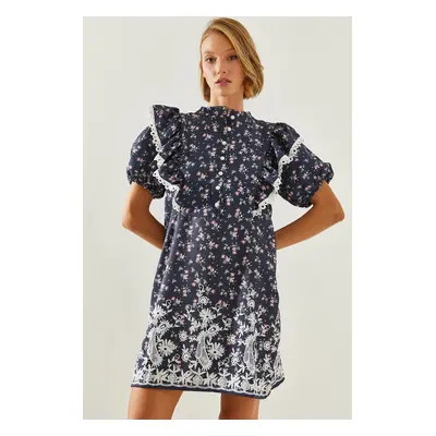 Bianco Lucci Women's Sleeve Detailed Scallop Detailed Floral Patterned Mini Dress