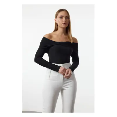 Trendyol Black Drape Detailed Fitted Long Sleeve Stretchy Knitted Blouse