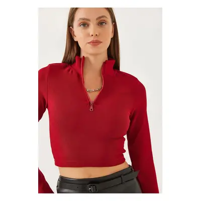 Bianco Lucci Women's Turtleneck Half Zippered Ribbed Crop Blouse