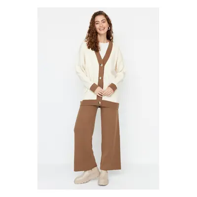 Trendyol Brown Stripe Detailed Cardigan-Pants Knitwear Set