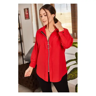 armonika Women's Red Front Zipper Loose Shirt