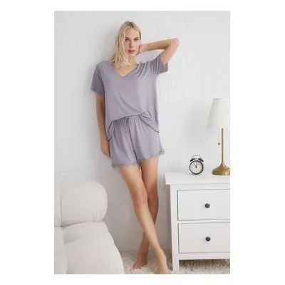 Trendyol Gray Plain Lace Viscose Jersey Knitted Pajama Set