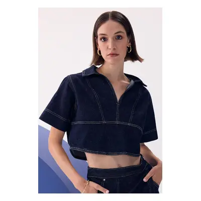 DEFACTO Fashion Fit Polo Collar Short Sleeve Jean Blouse