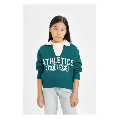 DEFACTO Girls Polo Neck Text Printed Knitwear Sweater