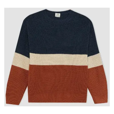 DEFACTO Boy's Crew Neck Color Block Knitwear Sweater