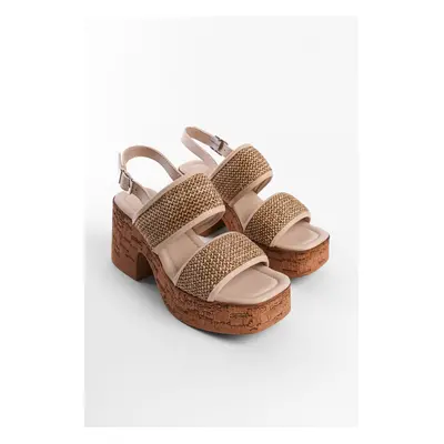 Capone Outfitters Women's Cork Platform Sold Straw Double Strap Women Slippers