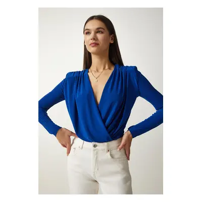 Happiness İstanbul Women's Cobalt Blue Wrapover Neck Snap-On Knitted Blouse