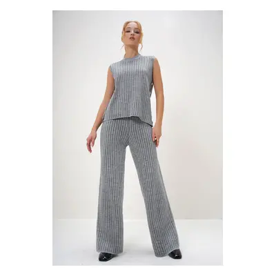 Trend Alaçatı Stili Women's Gray Half Turtleneck Side Buttoned Blouse and Palazzo Pants Set