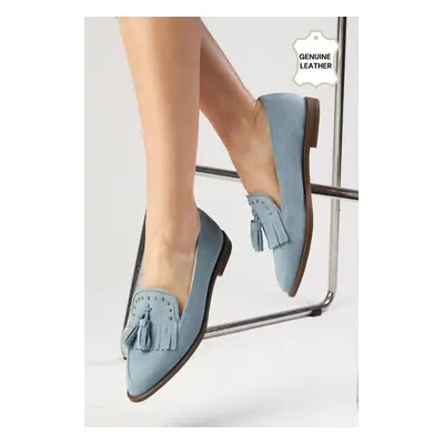 Mio Gusto Brianna Genuine Suede Blue Women's Loafers Casual Flat Shoes.