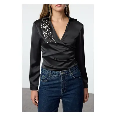 Trendyol Black Woven Double Breasted Shiny Stone Satin Shirt