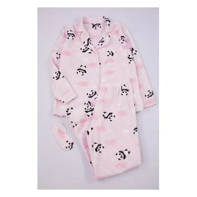 Trendyol Curve Pink Shirt Collar Panda Patterned Knitted Pajama Set