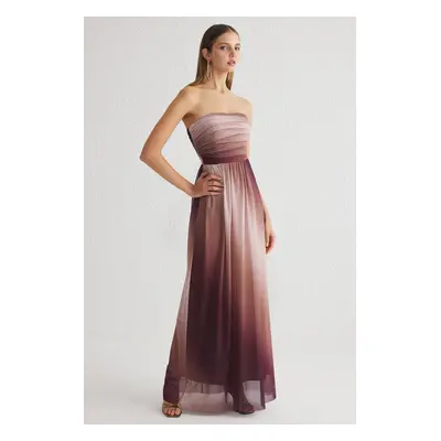 Trendyol Multicolored A-Line Drape Detail Tulle Knitted Long Elegant Evening Dress