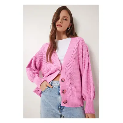 Happiness İstanbul Women's Pink Braided Balloon Sleeve Loose Knitwear Cardigan