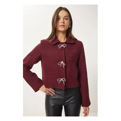 Happiness İstanbul Women's Burgundy Stylish Bow Detailed Tweed Jacket