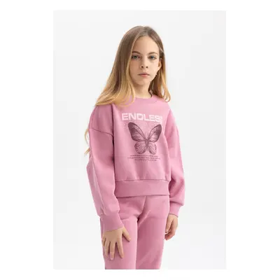 DEFACTO Girl's Relax Fit Crew Neck Printed Thick Sweatshirt