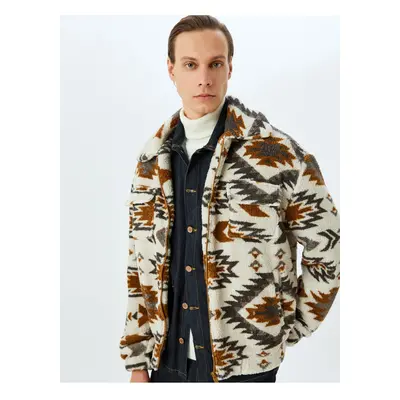 Koton Zippered Pocket Ethnic Patterned Stand Collar Fleece Jacket