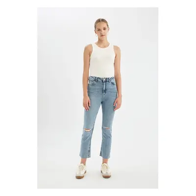 DEFACTO Mary Washed Jeans Straight Leg Ripped Detail High Waist Leg Cut Ankle Length