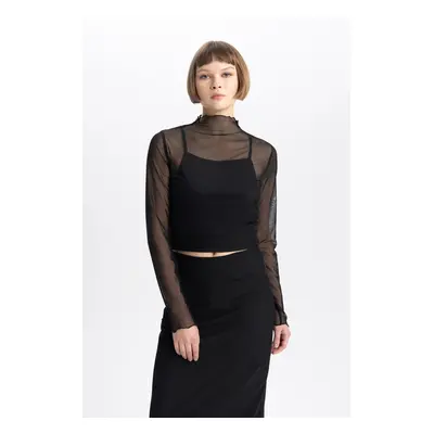 DEFACTO Slim Fit Slim Cut Half Turtleneck Tulle Long Sleeve T-Shirt