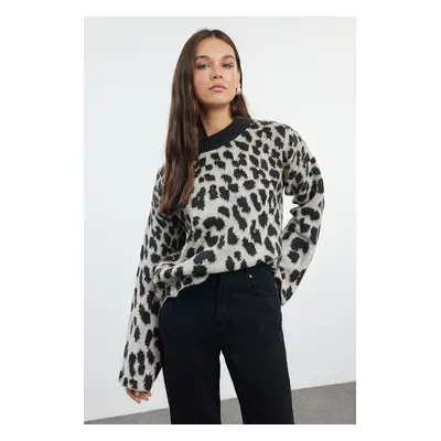 Trendyol Anthracite Soft Texture Leopard Patterned Knitwear Sweater