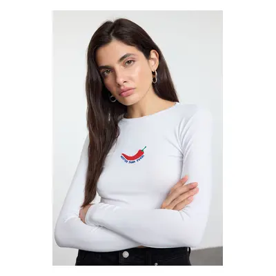 Trendyol White Embroidered Premium Viscose Crew Neck Crop Flexible Knitted Blouse