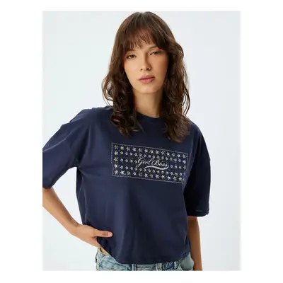 Koton Printed Crop T-Shirt Staple Detail Short Sleeve Crew Neck Cotton