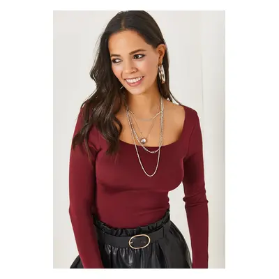 Olalook Burgundy Square Neck Basic Knitwear Blouse